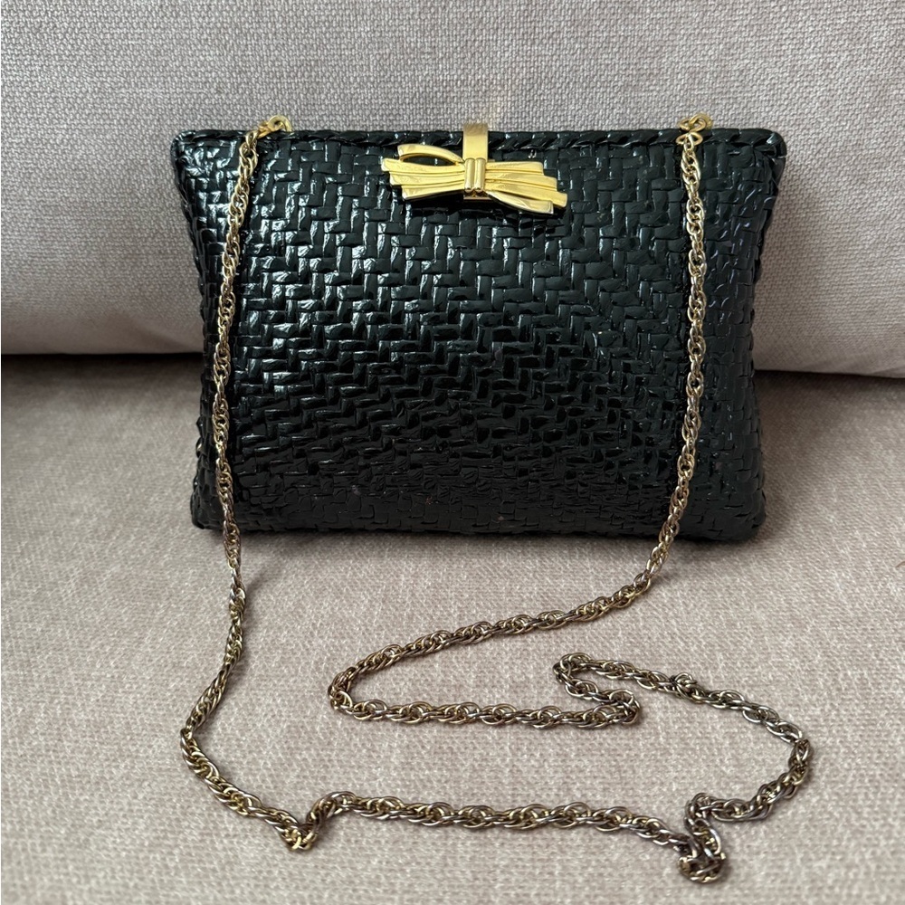 Vintage Rodo Black Lacquer Wicker Bag with gold tone chain Strap